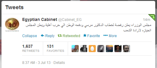 The statement was issued on the cabinet's official Twitter page